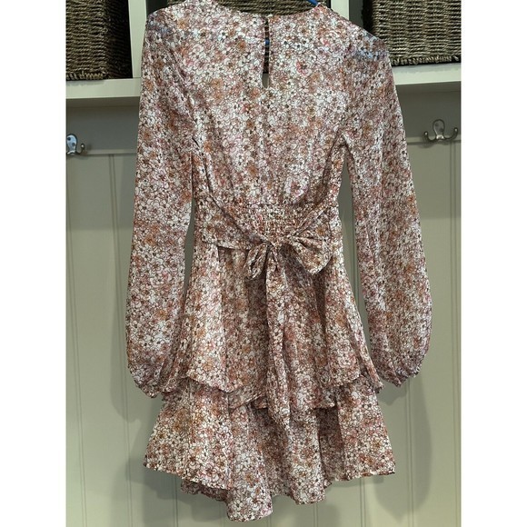 Japna Pink/Peach Floral Print Long Sleeve Tiered Faux Wrap Mini Dress, Sz Small - Picture 6 of 8